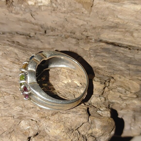 Vintage Marcasite Sterling Silver 925 Ring Prong Multi Colored Gemstones Stamped - Picture 7 of 11